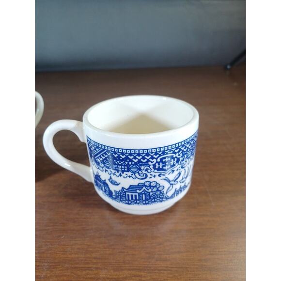 2 Vintage Blue WILLOW WARE Pottery Coffee Cups - Stackable Mugs - Made In USA - Picture 8 of 10
